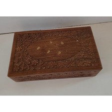 Hand Carved wooden jewelry box vintage floral inlay trinket box Made in India picture