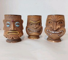 Set of 3 Vintage Tiki Mugs Tribal Face Hawaiian Japan Ceramic Cup 1960s Retro picture