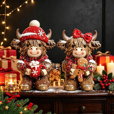 2pcs Highland cow wooden ornaments gingerbread man Christmas party home decor picture