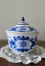 VTG Asian Blue & White Ceramic Trinket Bowl Jar. Inspired Decor Made in Thailand picture