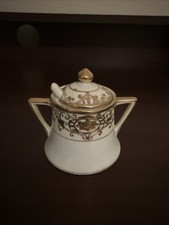 Antique Nippon Porcelain Condiment Pot With Lid Hand Painted Gilt Trim w/ Spoon picture