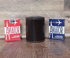 Vintage Leather Dice Cup Shaker & 2 Aviator Poker Playing Cards Decks Sealed picture