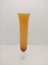 Vintage Amber Etched Art Glass Bud Vase Clear Pedestal Base Hand Blown 8