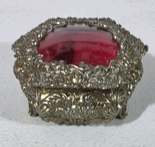 VTG Ornate Gold Silver Tone Jewelry Trinket Box Beveled Glass Red Velvet Roses  picture
