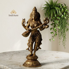 Brass Saraswati Idol 10” Antique | Goddess of Wisdom Decor picture