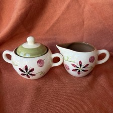Vintage Stangl Carnival sugar bowl and creamer. 1954-78 Hand Painted, rare MCM picture