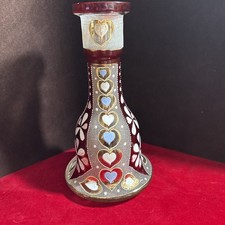 VINTAGE BOHEMIAN RUBY GLASS HOOKAH BASE VASE HAND PAINTED GOLD HEARTS 11