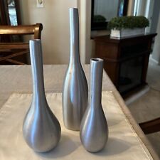 MID CENTURY MODERN SILVER STAINLESS VASES  SET OF 3. picture