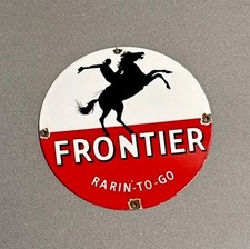 VINTAGE 12” FRONTIER COWBOY HORSE PORCELAIN SIGN CAR GAS OIL TRUCK MOTORCYCLE picture