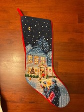 Vtg Needlepoint Christmas Stocking Red Velvet Backing 21.5” Victorian Cottage picture