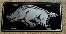 Vintage University of Arkansas Razorbacks Booster License Plate Black & Silver picture