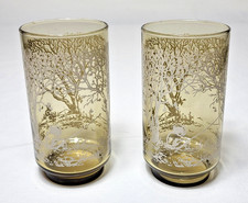 Vintage Libbey Smoky Green Glasses Boy Fishing Trees Bunny Pond Tumbler Set of 2 picture