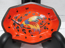 Vintage Hand Painted Czech Glass Trinket Dish Orange Bird Colorful Folk Art picture