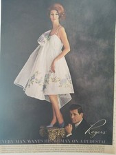1963 women's Rogers gown peignoir floral trim redhead on pedestal vintage ad picture