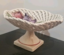 Lanzarin Ceramiche Basket Handmade Italy Vintage Roses White Woven Ceramic Vtg  picture