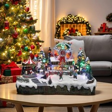 Christmas Village Led Lights Moving Skaters,  Carousel And Ferris Wheel  Functio picture