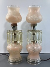 Vintage Two Leviton Boudoir Hurricane Table Lamps Pink Frosted Floral Glass picture