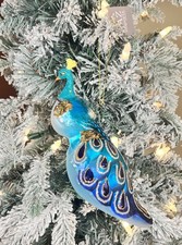 7” Hand Painted Blue Peacock Glass Christmas Ornament picture