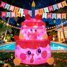 6FT Pink Birthday Cake Inflatable with Rotating LED Lights, IP65 Waterproof F... picture