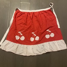 Vintage 70s homemade Kitchen Waist Apron Red White Cherry applique Cotton  picture