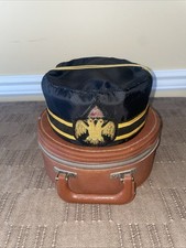 VINTAGE 32nd Freemason Double Eagle Masonic Scottish Rite Hat & Brown Carry Case picture