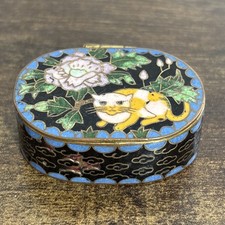 VTG Cloisonné Pill Box Calico Orange Cat W/ Flowers Blue Enamel Base 1.75” picture