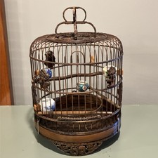 Antique Vintage Chinese Carved Bamboo Bird Cage- Porcelain Feeders NICE picture