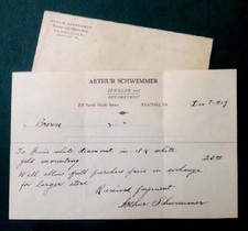 1929 antique ARTHUR SCHWEMMER JEWELER signed RECEIPT DIAMOND 18K GOLD reading pa picture