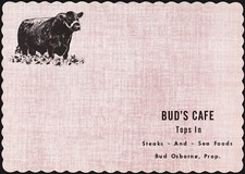 Vintage placemat BUDS CAFÉ Tops In Steaks Sea Foods Angus cow Bud Osborne Prop picture
