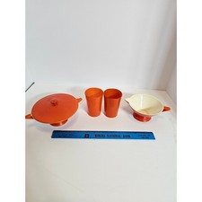 Vintage Salem Streamline Orange Ceramic Sugar Creamer Tumbler Set Art Deco MCM picture