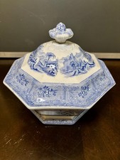 J Heath Ontario Scenic Blue & White Octagonal Ceramic Tureen w/ Lid Handles  picture