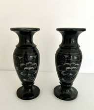 Two Vtg Black Marble Soapstone Vases Etched Lotus Fowers 8