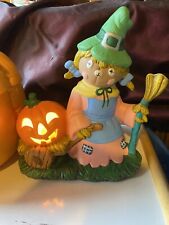 Vtg Ceramic Light Up Scarecrow Girl with Pumpkin Halloween Holiday Decor Display picture