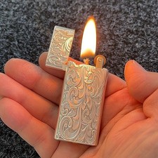 Vintage Slim Kerosene Lighter, Ornate Floral Engraved Metal, Refillable picture