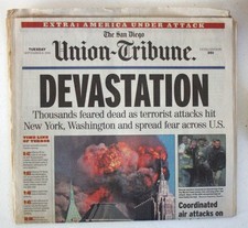 SAN DIEGO UNION TRIBUNE NEWSPAPER 9/11 & 9/12 SEPTEMBER 11 2001 UNOPENED UNREAD picture