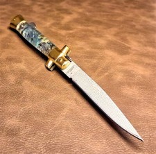 Kissing Crane Genuine Abalone Real Damascus Steel Stiletto Manual Pocket Knife picture