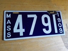 1909 Massachusetts Mass Porcelain License Plate Tag low number Four Digit 4791 picture