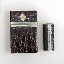 Saint Laurent YSL Dark Brown Croc Leather Cigarette Case & Lighter Cover Set picture