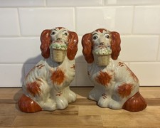 ANTIQUE STAFFORDSHIRE KING CHARLES SPANIELS MATCHING BASKET PAIR  7” picture