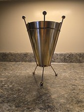 Atomic Mid Century Modern Brushed Aluminum Canister Legged Planter Container MCM picture