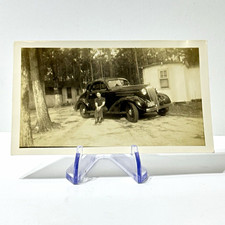 1930s Vintage Photo Snapshot Woman Standing With Classic Car in Driveway picture
