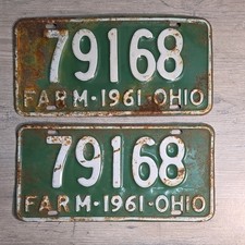 Vintage 1961 Ohio Farm License Plate Set of 2 Green 79168 Matching Pair picture