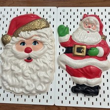 TWO Vintage Christmas Molded Plastic Santa Claus Wall Hanging NEW OLD STOCK picture