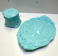 Light Blue Ceramic Vanity Tray & Matching Lidded Jar, Cameo Lady Floral picture
