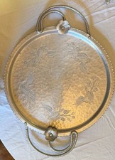 Wrought Farberware Serving Tray Hammered Aluminum Floral Handles picture