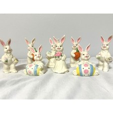 Easter Bunny Figurine Set White Excellent Bisque Ceramic 8pc Cottagecore Retro picture