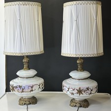 2 Carl Falkenstein Hollywood Regency MCM  Lamps Opalescent Glass Lamp W/ Shades picture