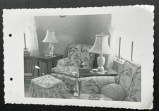 VTG c1950s Living Room Interior Floral Armchair Urn Lamps Book Photo picture