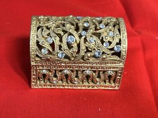 Vintage Gold Tone Filigree Metal W/ Rhinestones Jewelry Casket Box picture