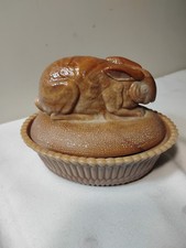 RARE Vtg Summit Glass Rabbit on Nest Chocolate Slag Candy Dish Gold Foil Label picture